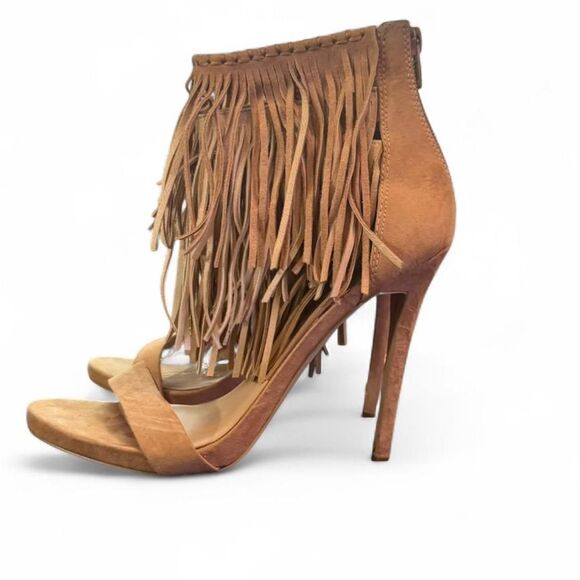 Aldo Women’s Size 6.5 Fringe Suede Stiletto Heels Sandals Tan Boho Festival - Picture 3 of 8